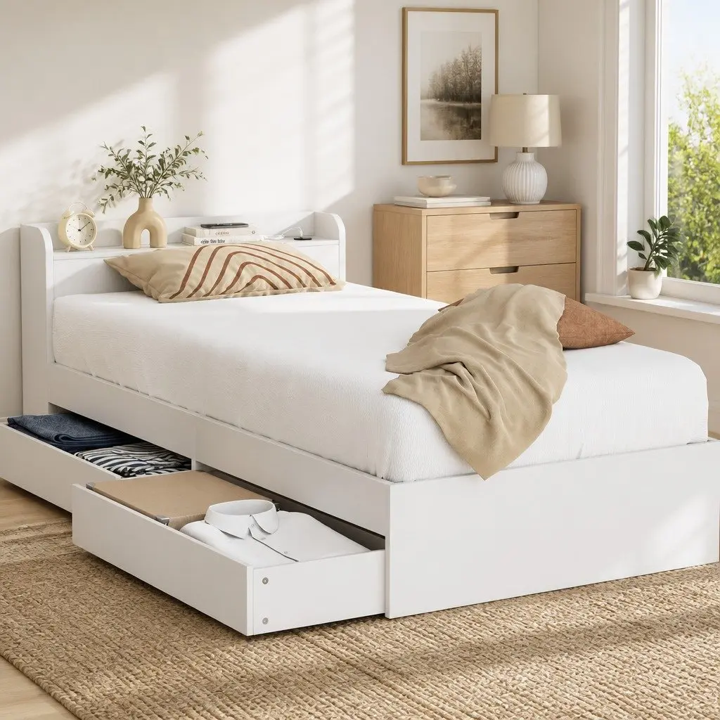 Single Bed Frame White with USB Charging Ports and Storage Drawers Plywood 211 x 96 x 70cm