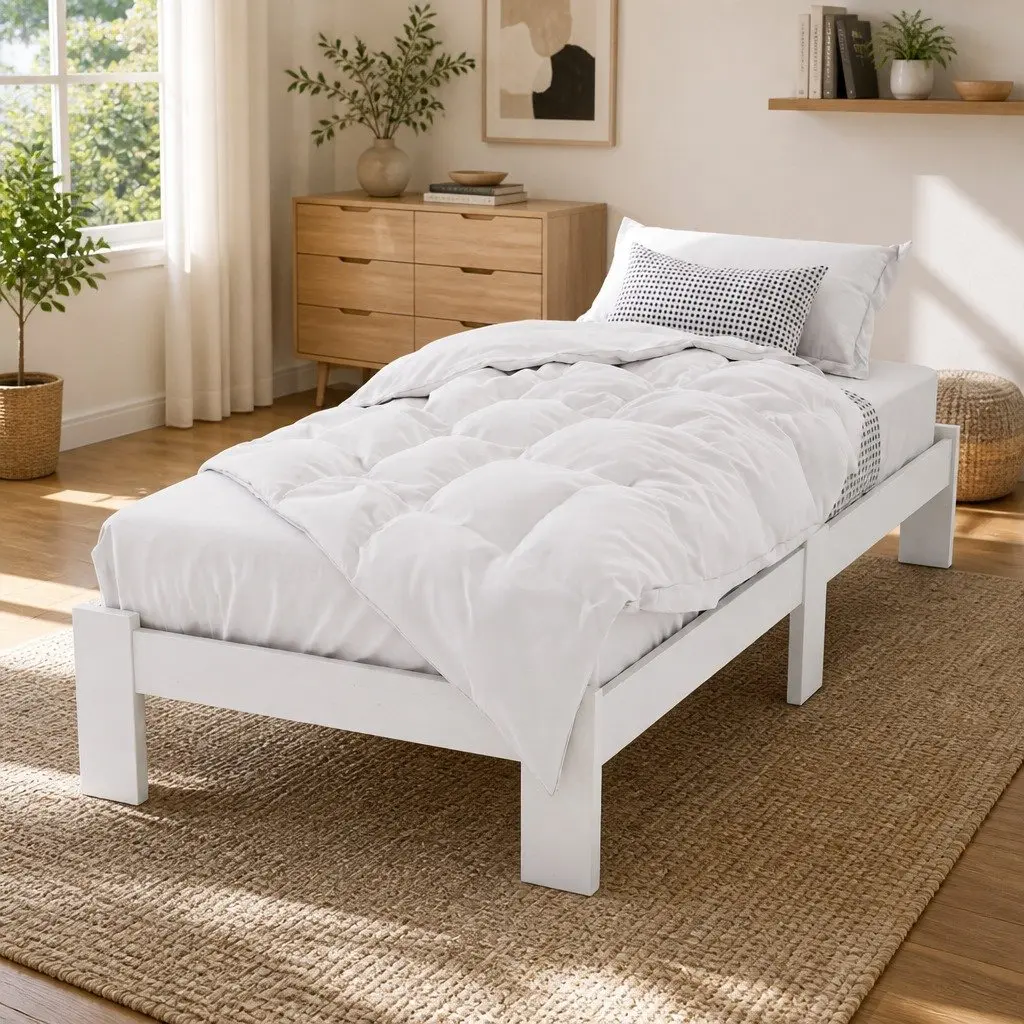 White Wooden King Single Bed Frame with Underbed Storage