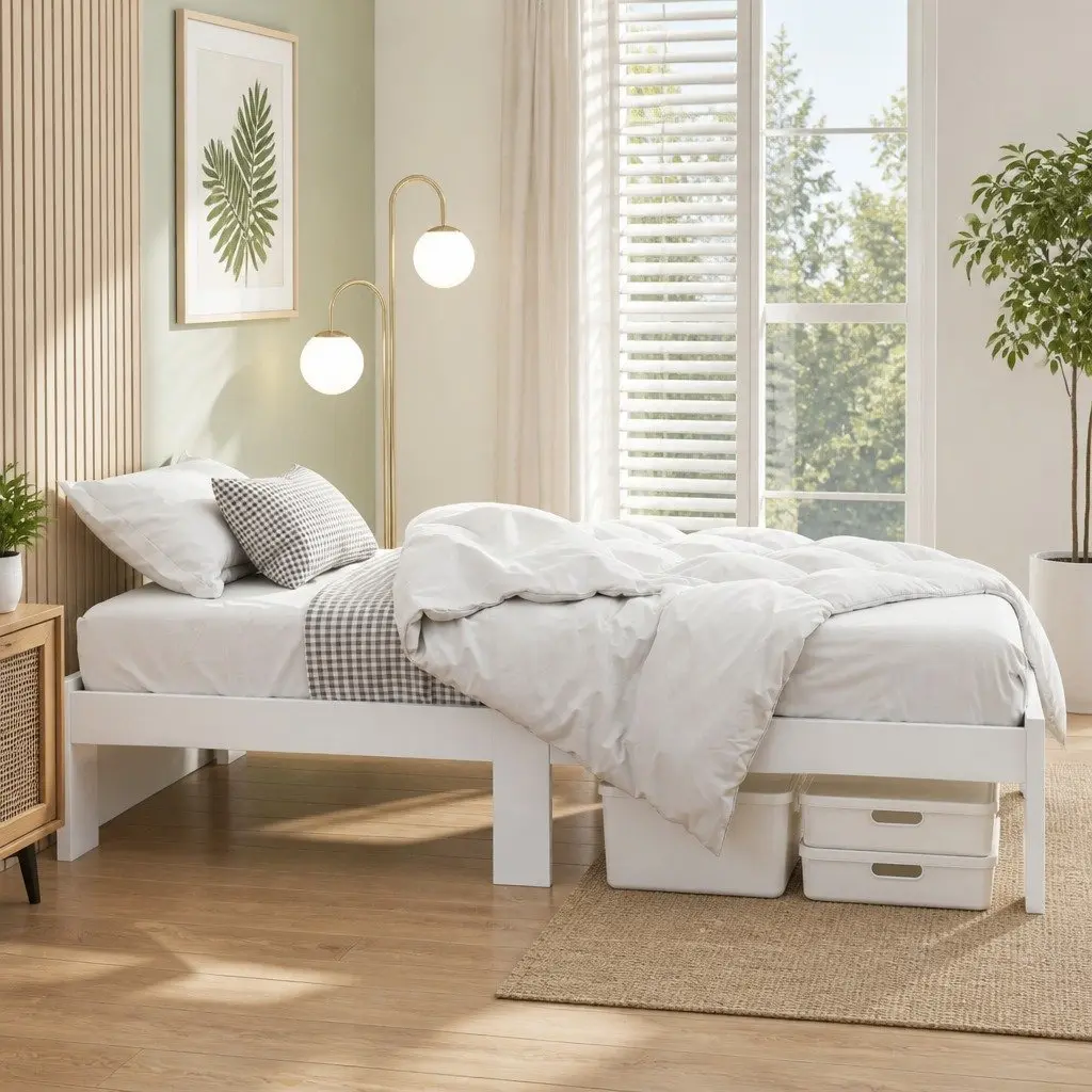 White Wooden King Single Bed Frame with Underbed Storage