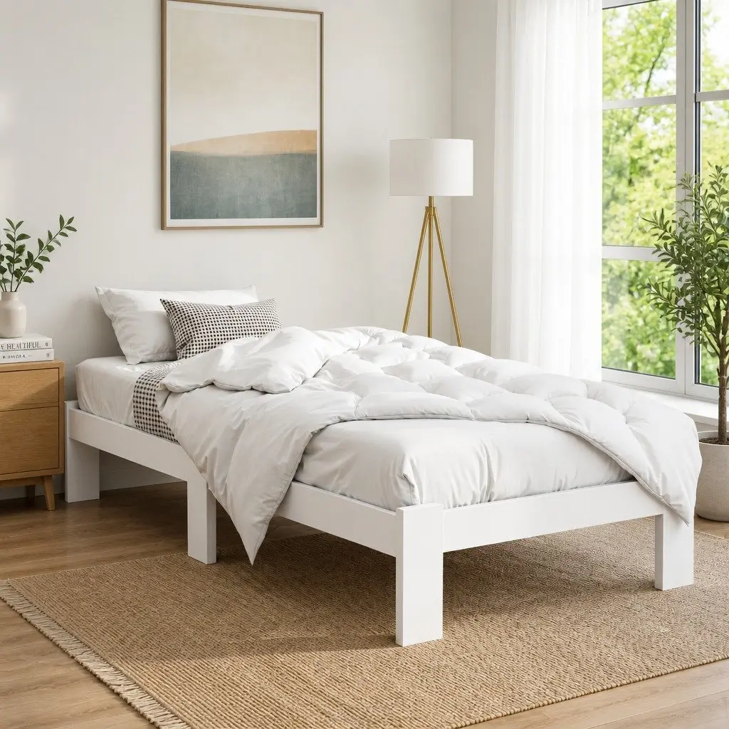 White Wooden King Single Bed Frame with Underbed Storage