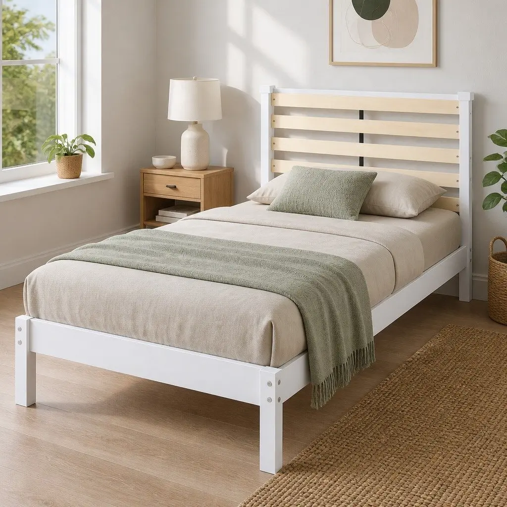 Single Bed Frame White Wooden Pine Slat Storage Australian Size