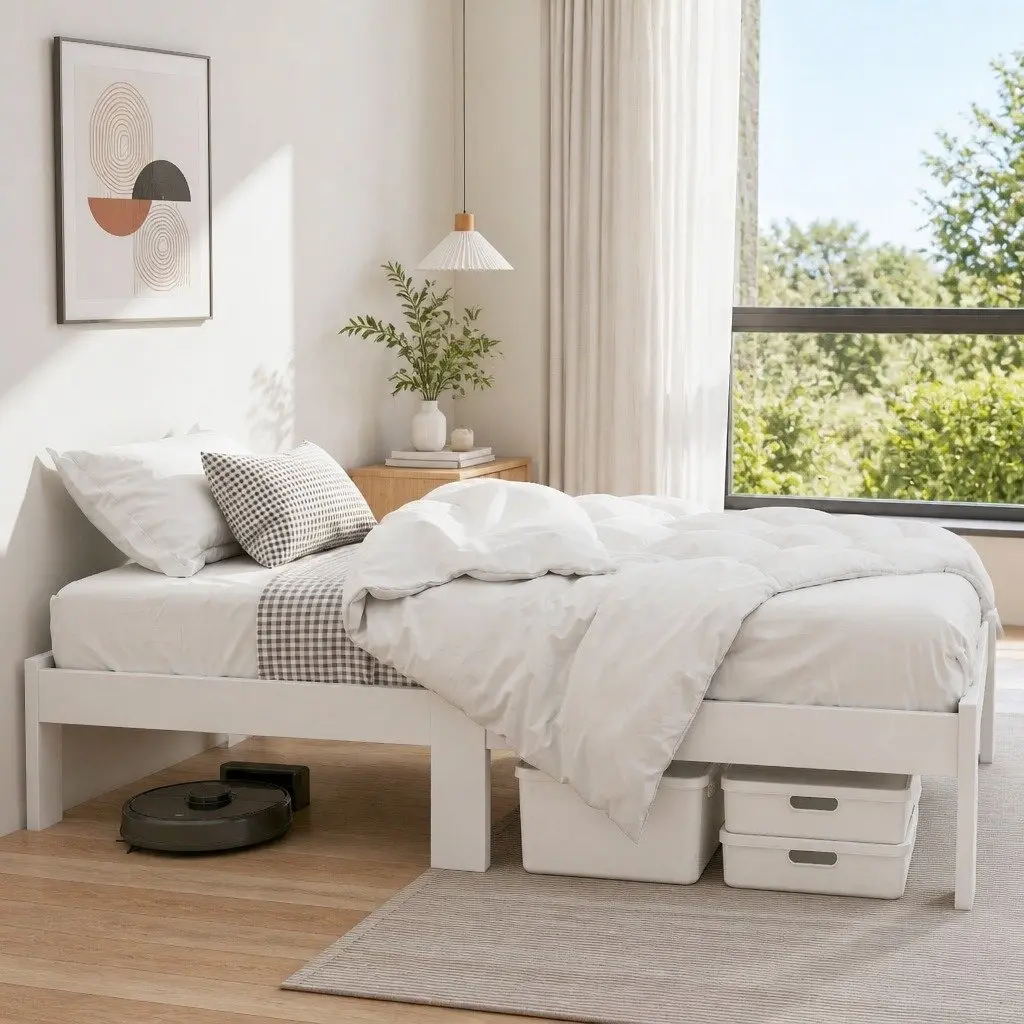 Single Bed Frame White Wooden Pine Slat Storage Australian Size