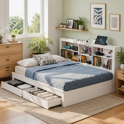 White Double Platform Bed Frame with Storage Headboard
