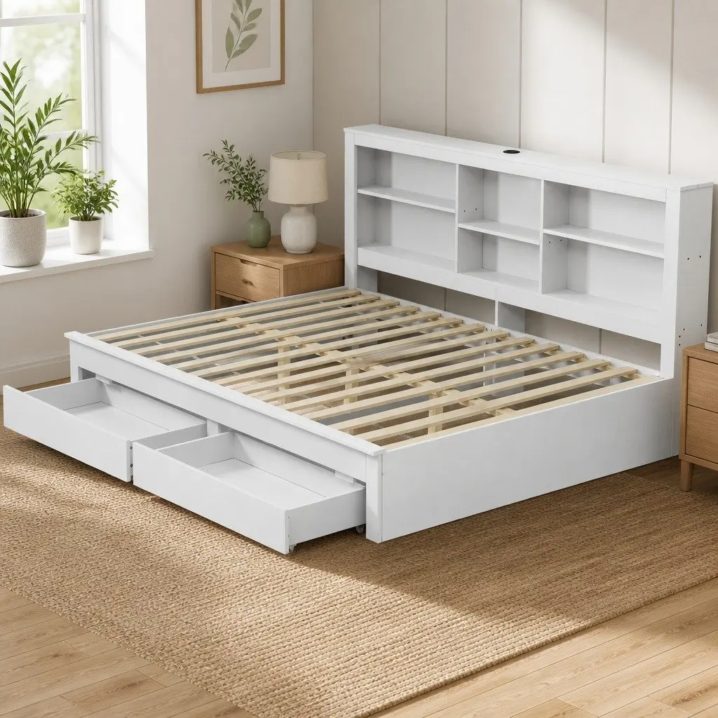 White Double Platform Bed Frame with Storage Headboard