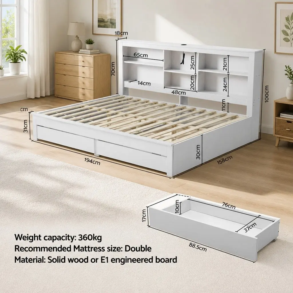 White Double Platform Bed Frame with Storage Headboard