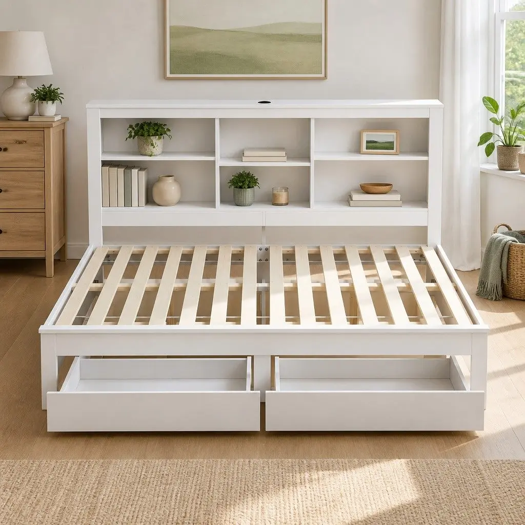 White Double Platform Bed Frame with Storage Headboard