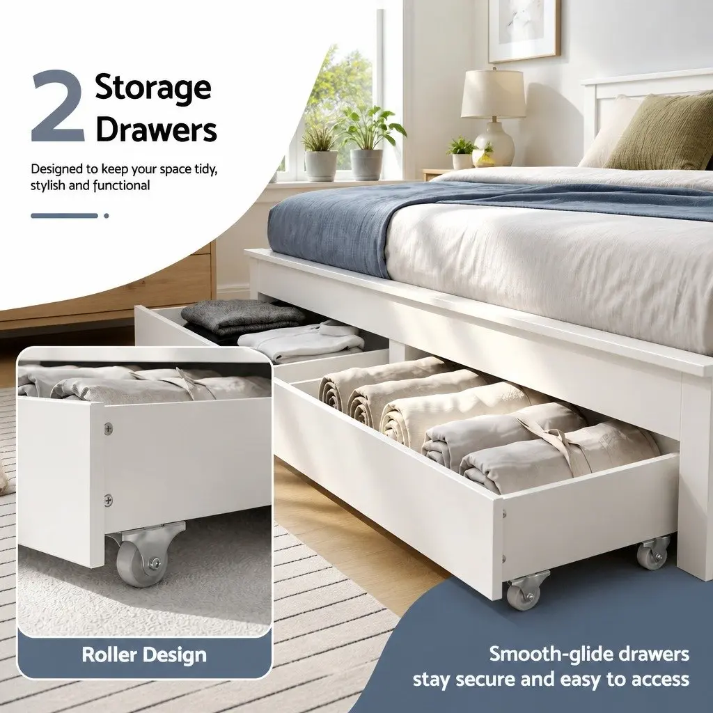 White Double Platform Bed Frame with Storage Headboard