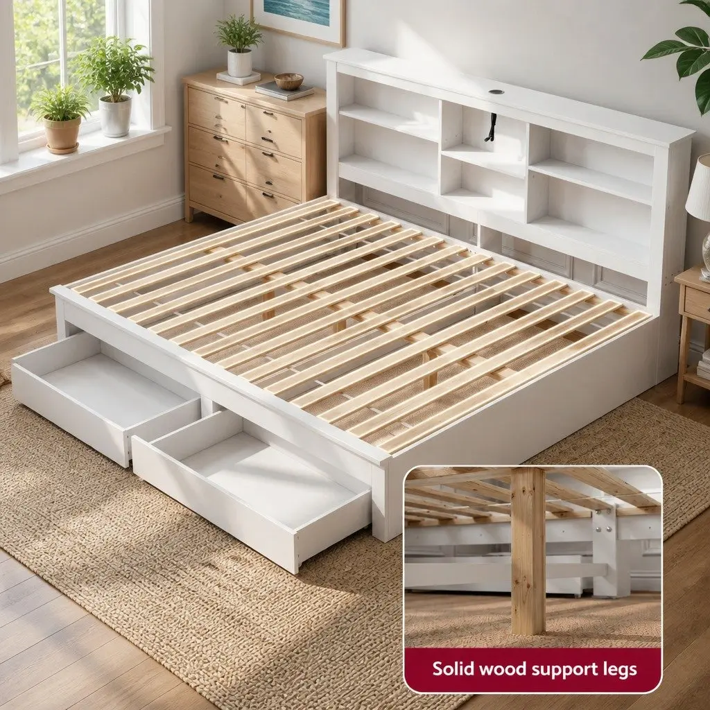 White Double Platform Bed Frame with Storage Headboard