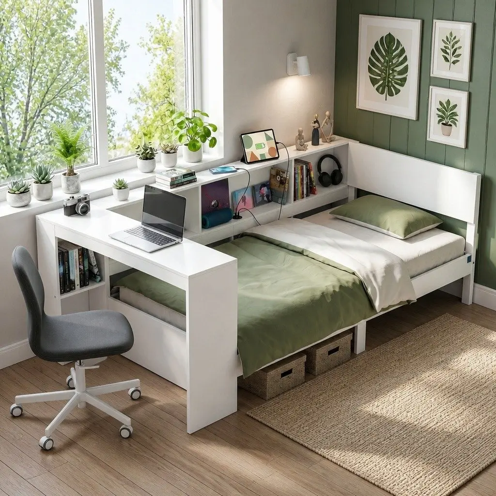 Corner Bed Frame with Integrated Desk and USB-C Charging