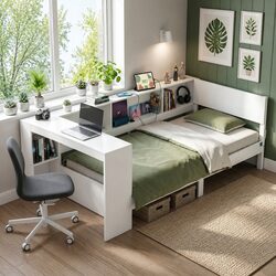 Cozy Corner Bed Frame with Integrated Desk and USB-C Charging