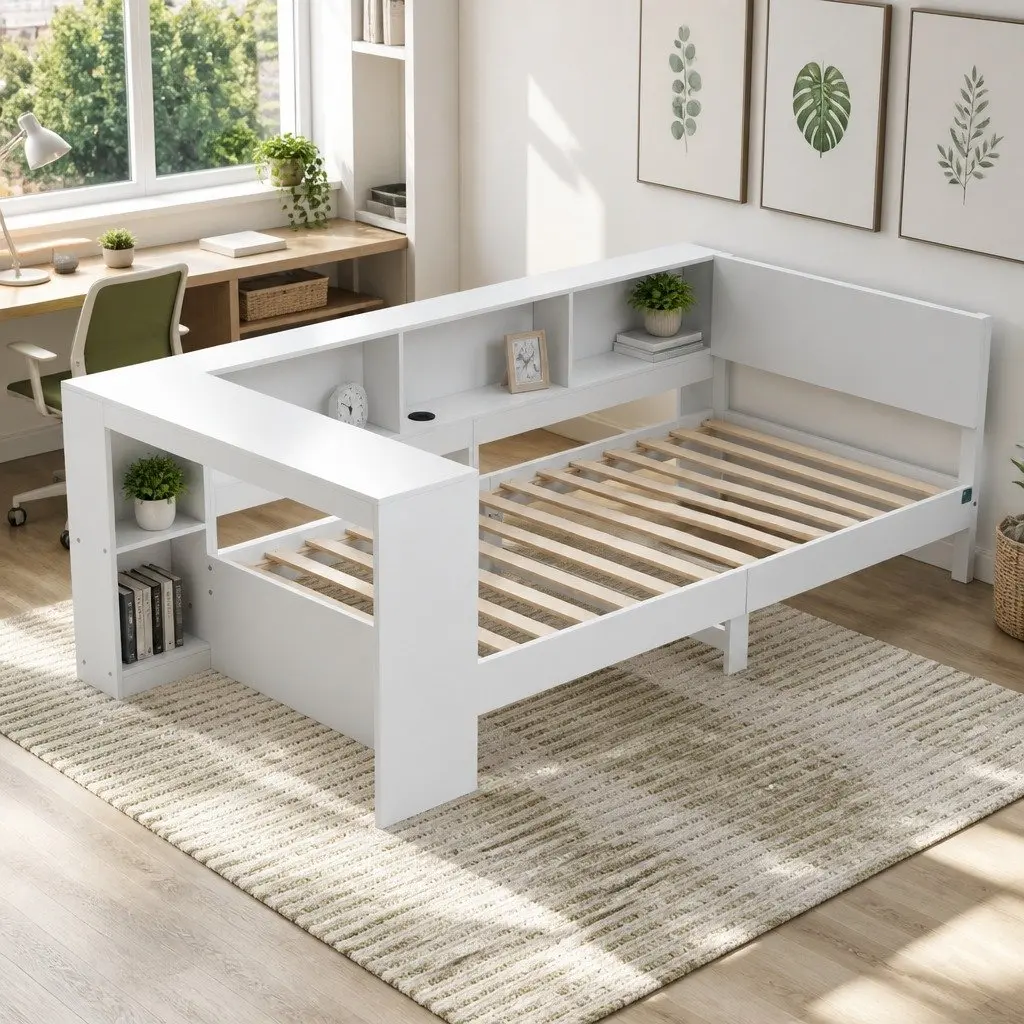 Corner Bed Frame with Integrated Desk and USB-C Charging