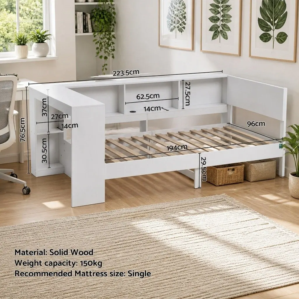 Corner Bed Frame with Integrated Desk and USB-C Charging