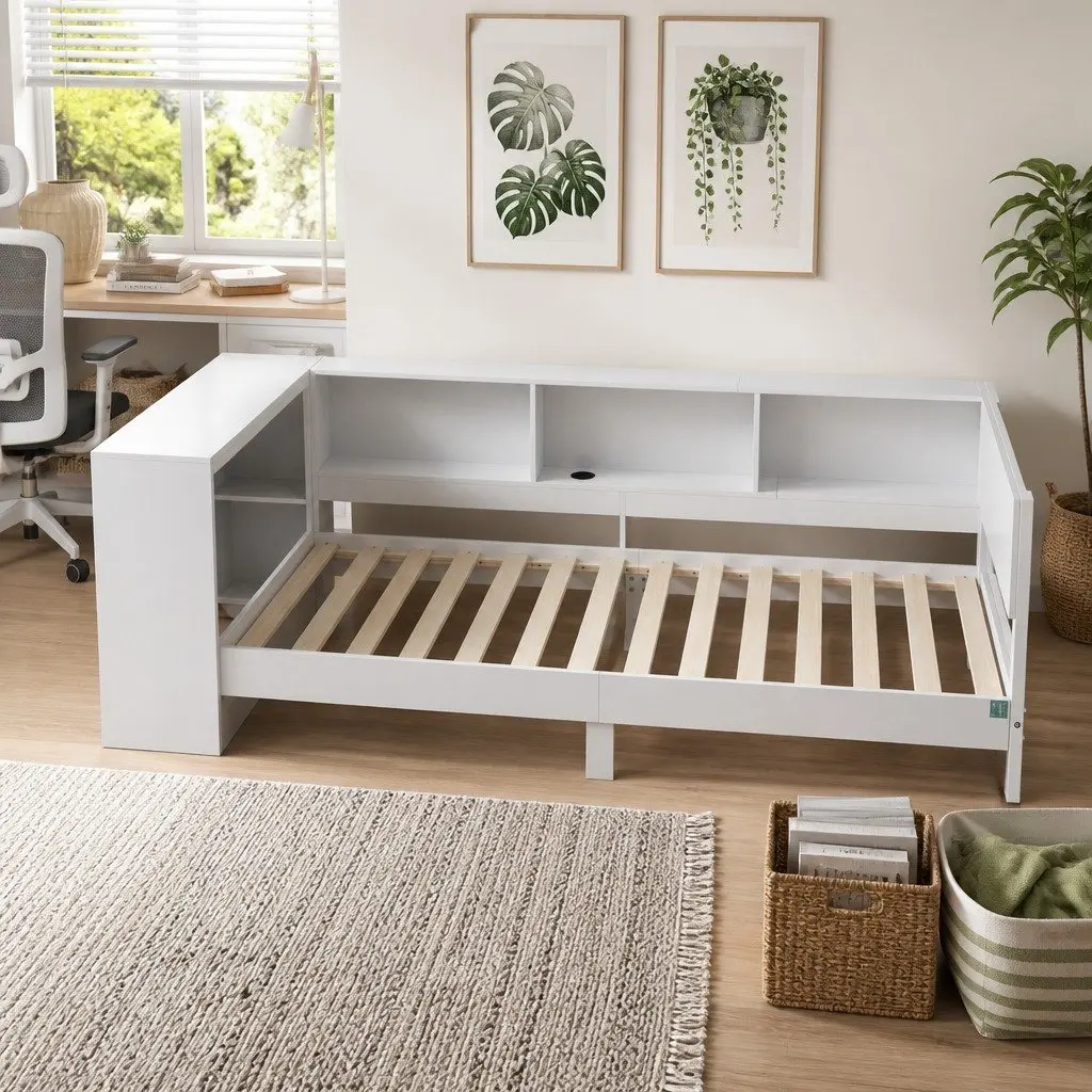 Corner Bed Frame with Integrated Desk and USB-C Charging