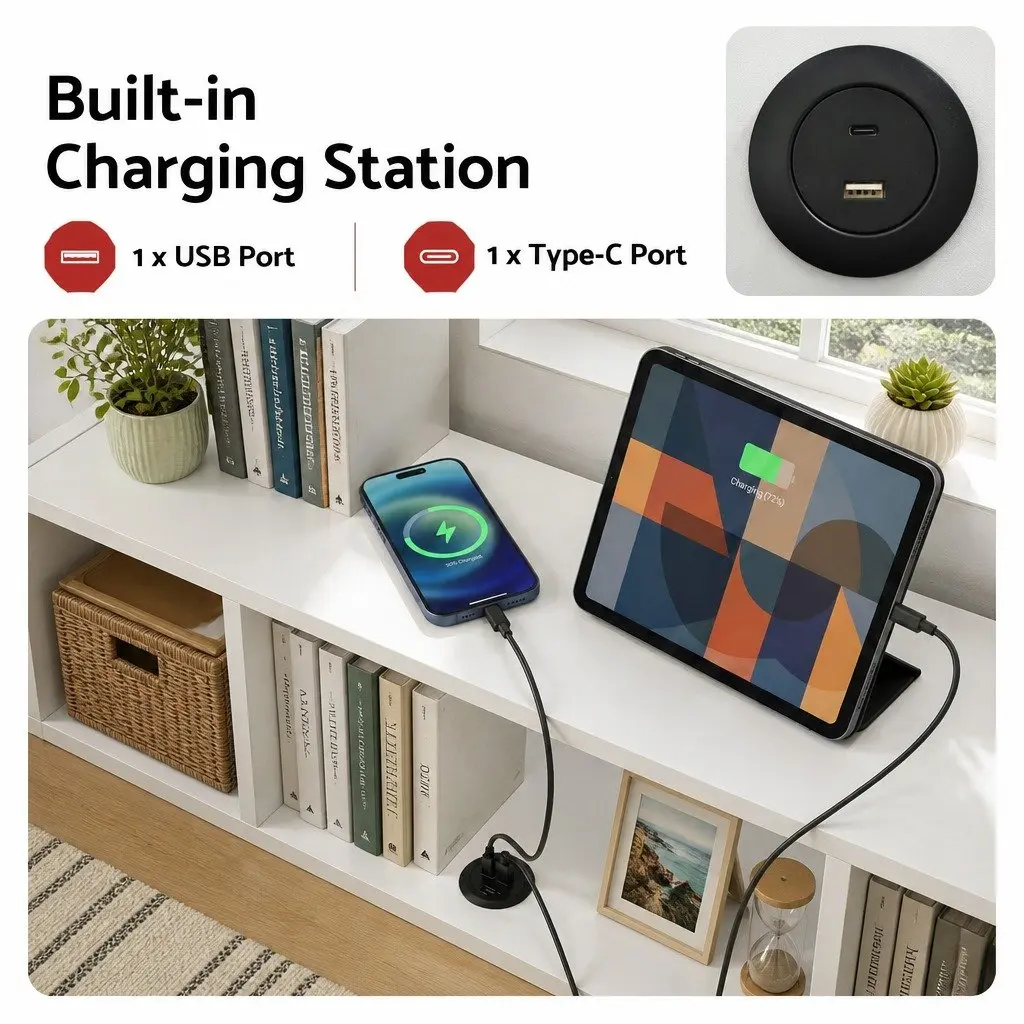 Corner Bed Frame with Integrated Desk and USB-C Charging
