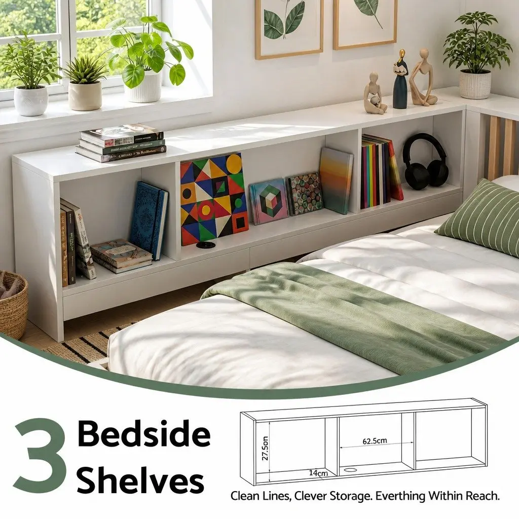 Corner Bed Frame with Integrated Desk and USB-C Charging