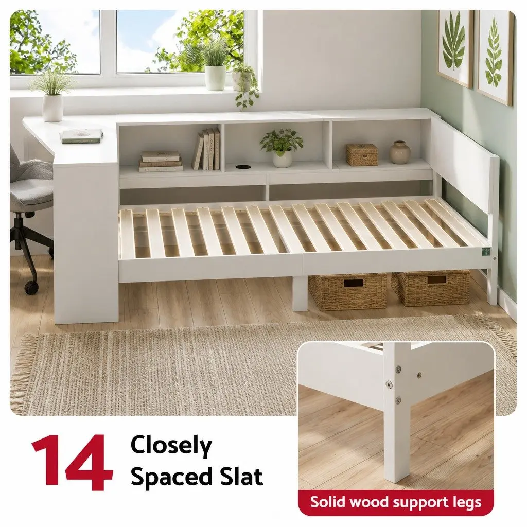 Corner Bed Frame with Integrated Desk and USB-C Charging