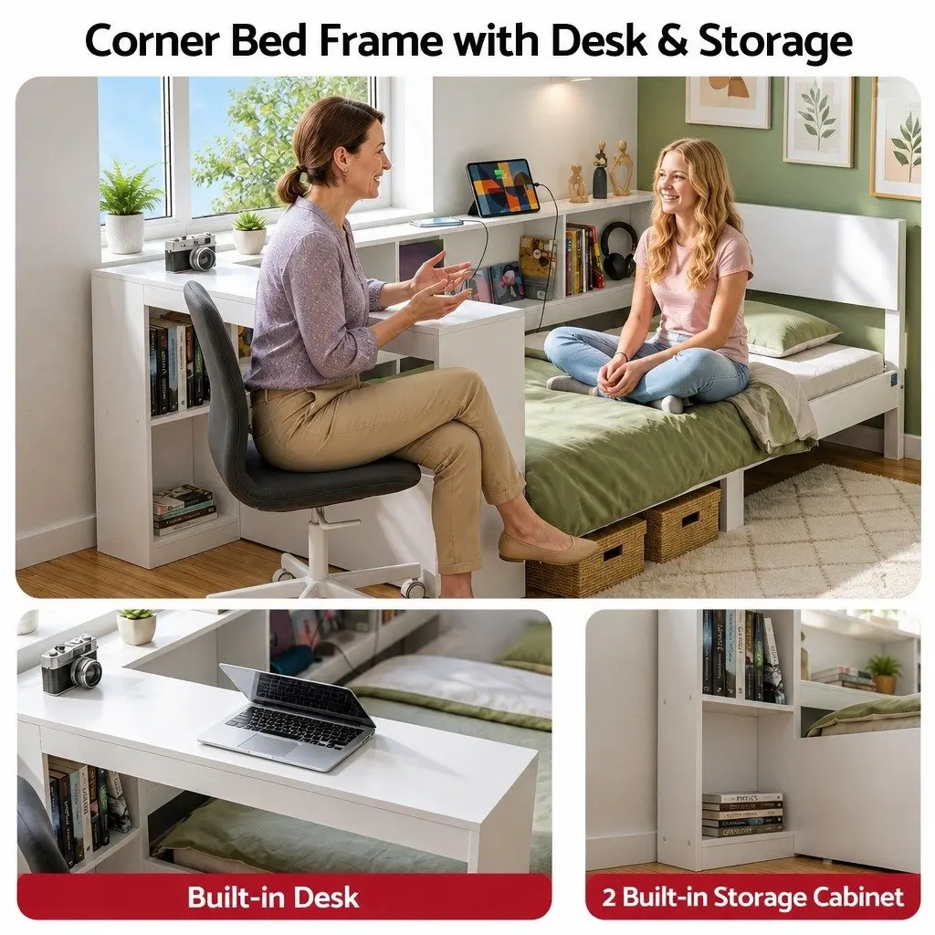 Corner Bed Frame with Integrated Desk and USB-C Charging