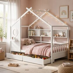Kids Single Bed Frame House Design Storage Bookcase 2 Drawers White Montessori