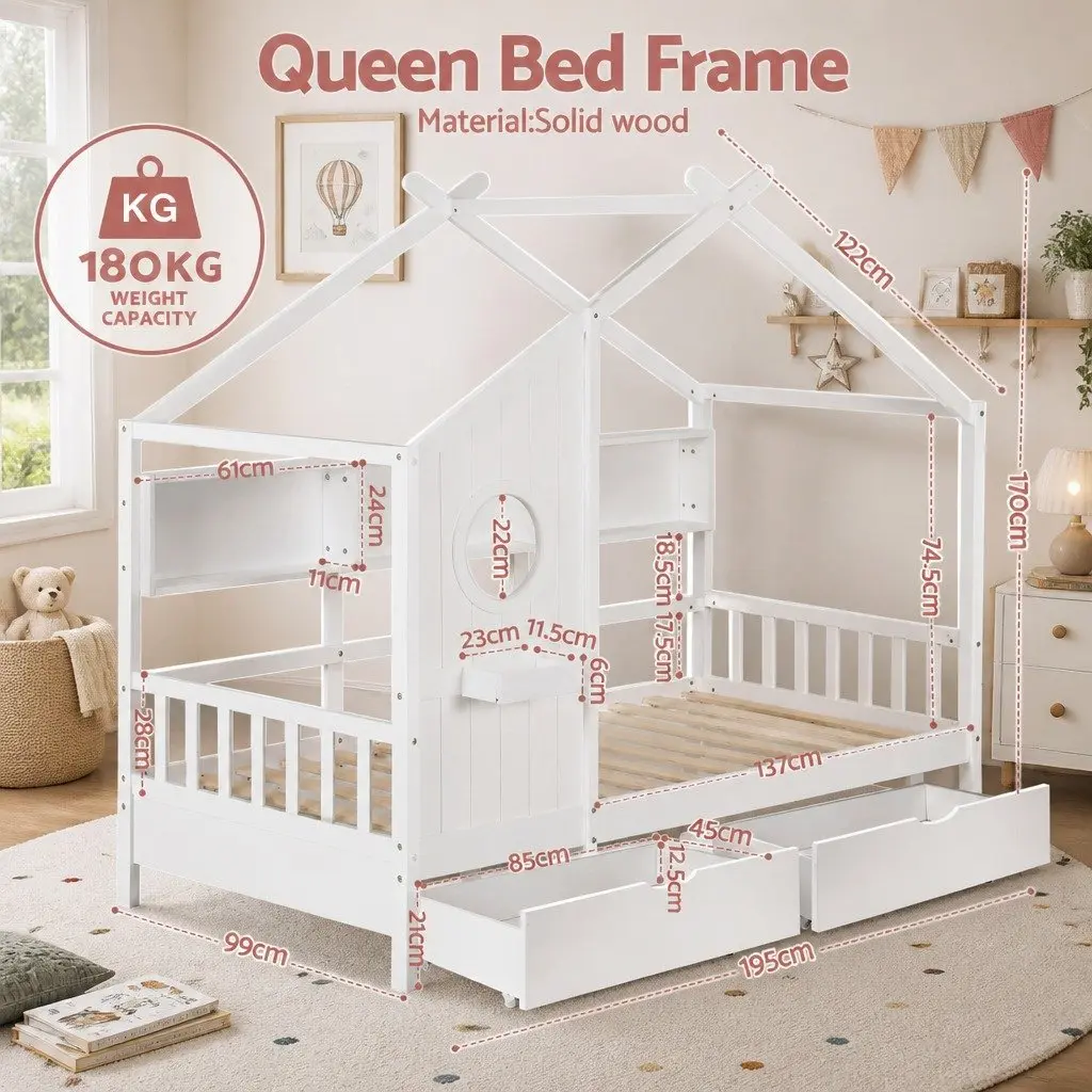 Kids Bed Frame with House Shape and Storage Options