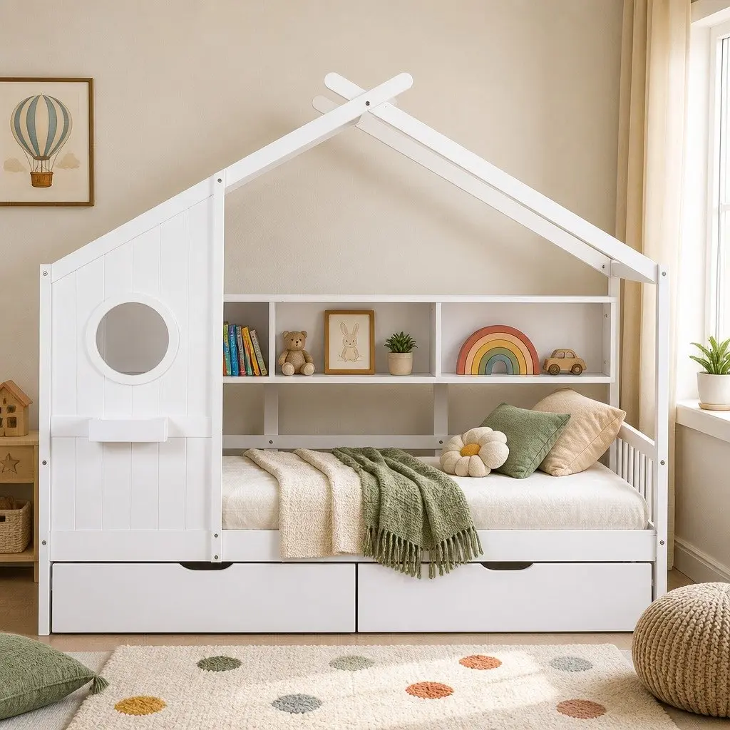 Kids Bed Frame with House Shape and Storage Options