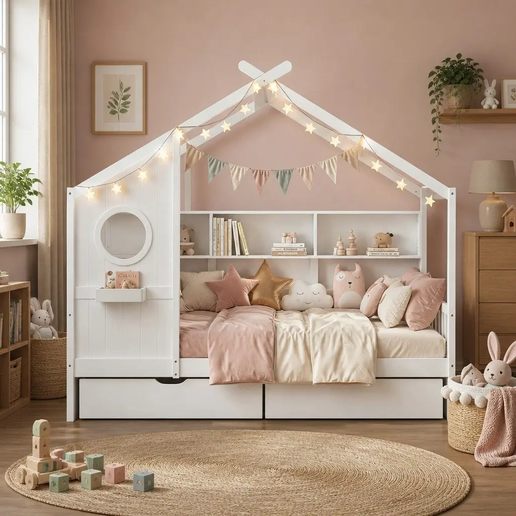 Kids Bed Frame with House Shape and Storage Options