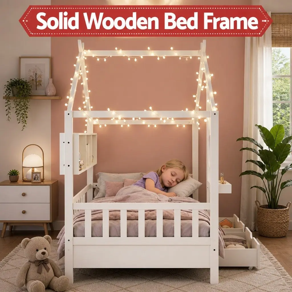 Kids Bed Frame with House Shape and Storage Options