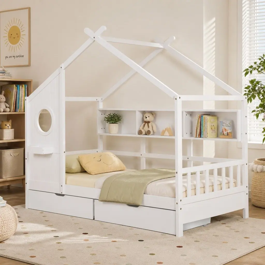 Kids Bed Frame with House Shape and Storage Options