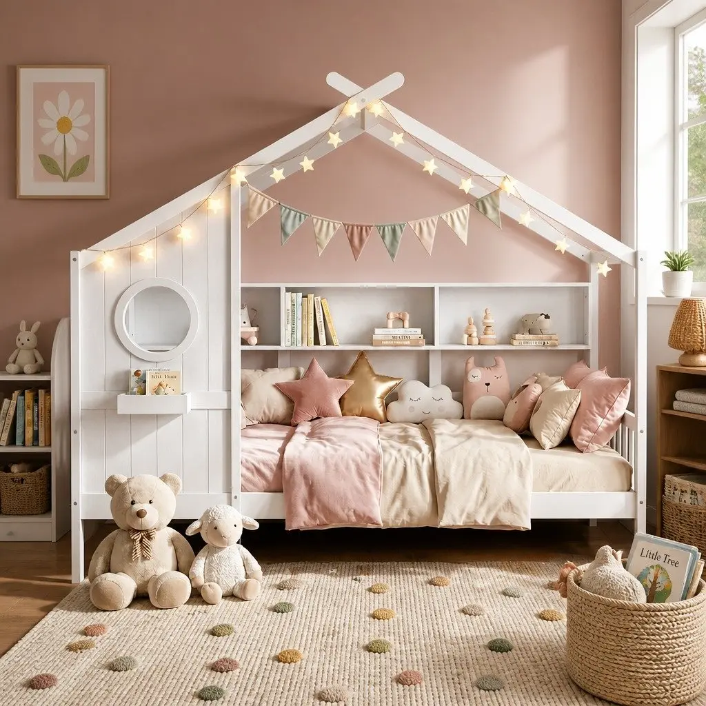 Kids Single House Bed Frame Low Floor Montessori Design White Bedroom Furniture