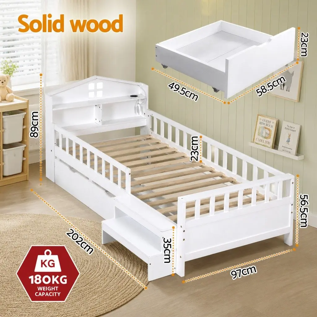 Single Bed Frame with Storage Drawers House Design LED Light USB Ports Safety