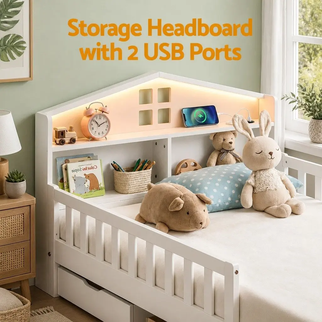 Single Bed Frame with Storage Drawers House Design LED Light USB Ports Safety