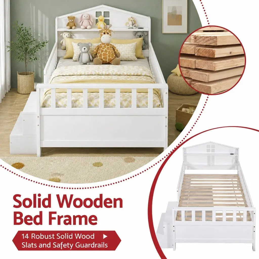 Single Bed Frame with Storage Drawers House Design LED Light USB Ports Safety