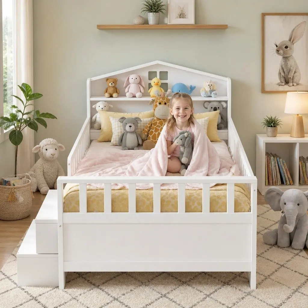 Single Bed Frame with Storage Drawers House Design LED Light USB Ports Safety