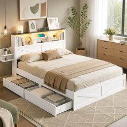 Double Bed Frame with LED Charging Station & Bookcase