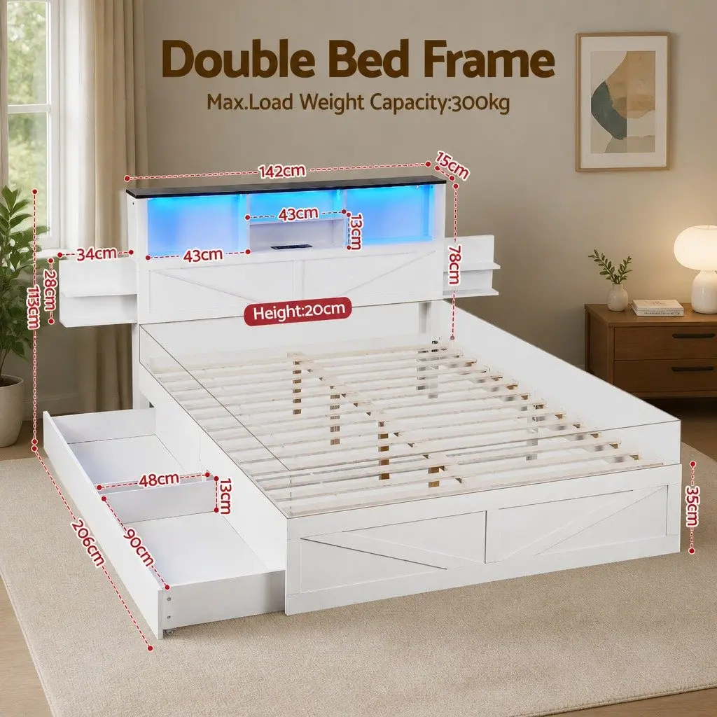 Double Bed Frame with LED Charging Station & Bookcase