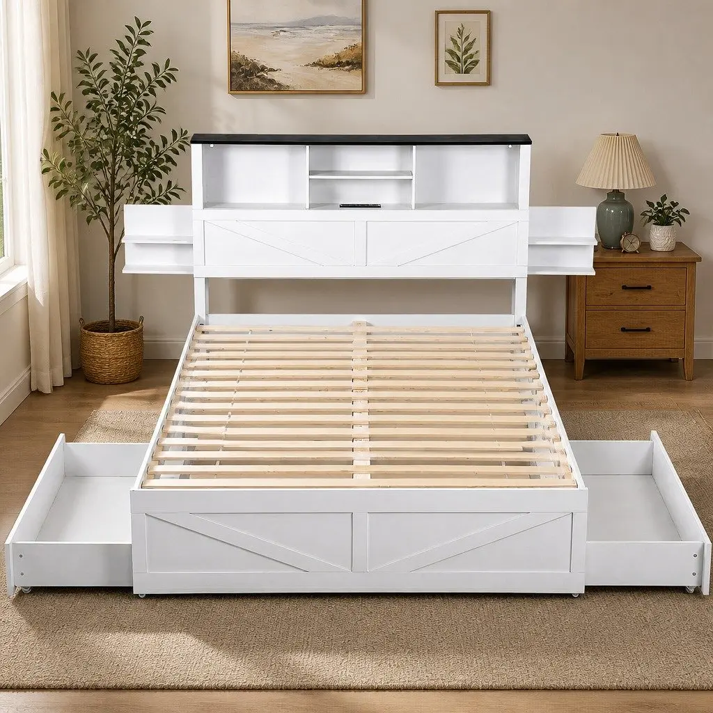 Double Bed Frame with LED Charging Station & Bookcase