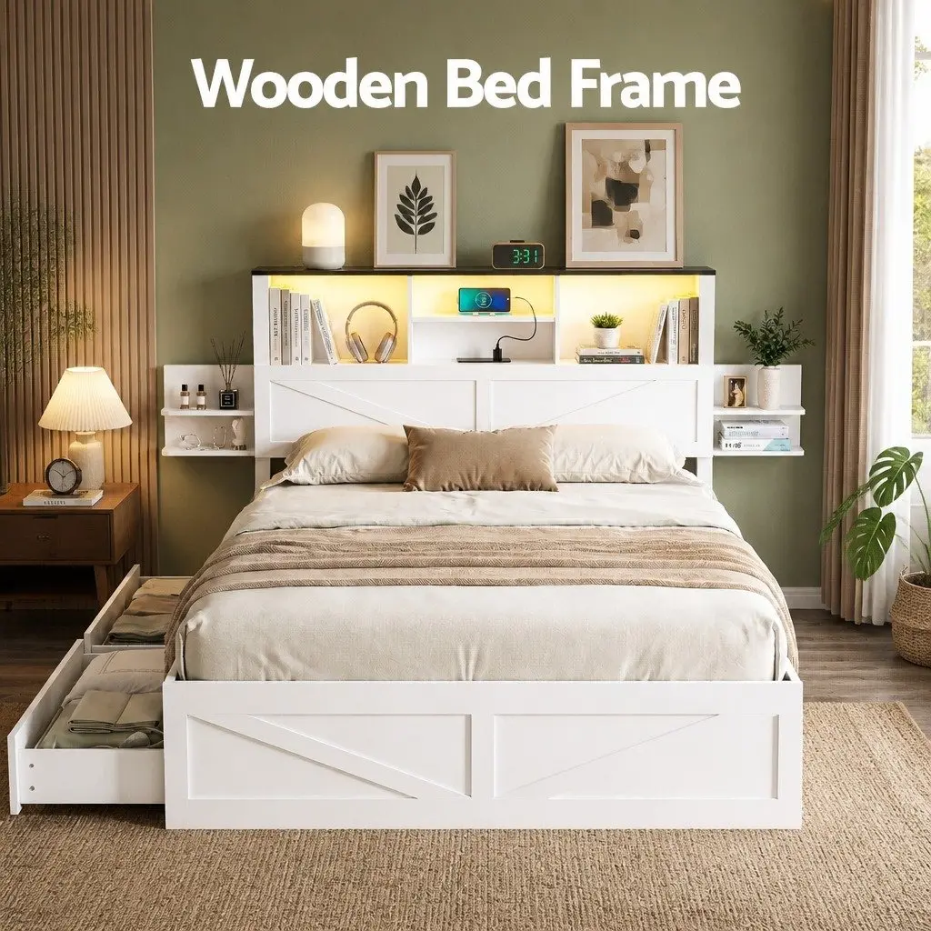 Double Bed Frame with LED Charging Station & Bookcase