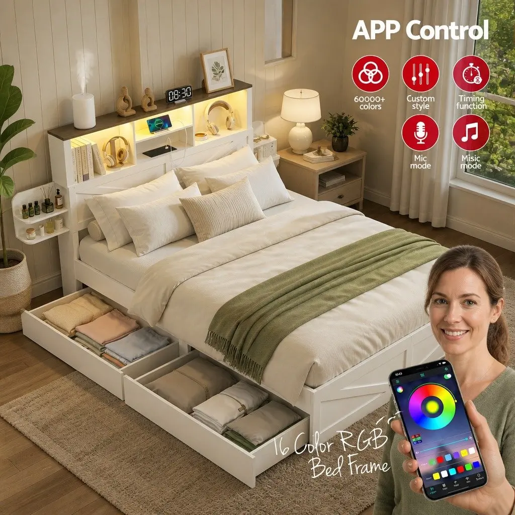 Double Bed Frame with LED Charging Station & Bookcase