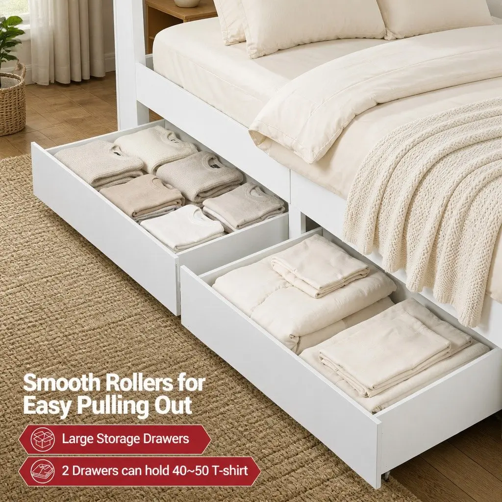 Double Bed Frame with LED Charging Station & Bookcase