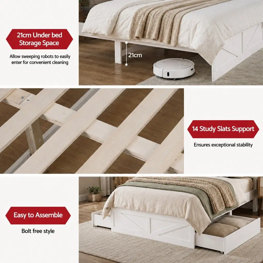 Double Bed Frame with LED Charging Station & Bookcase