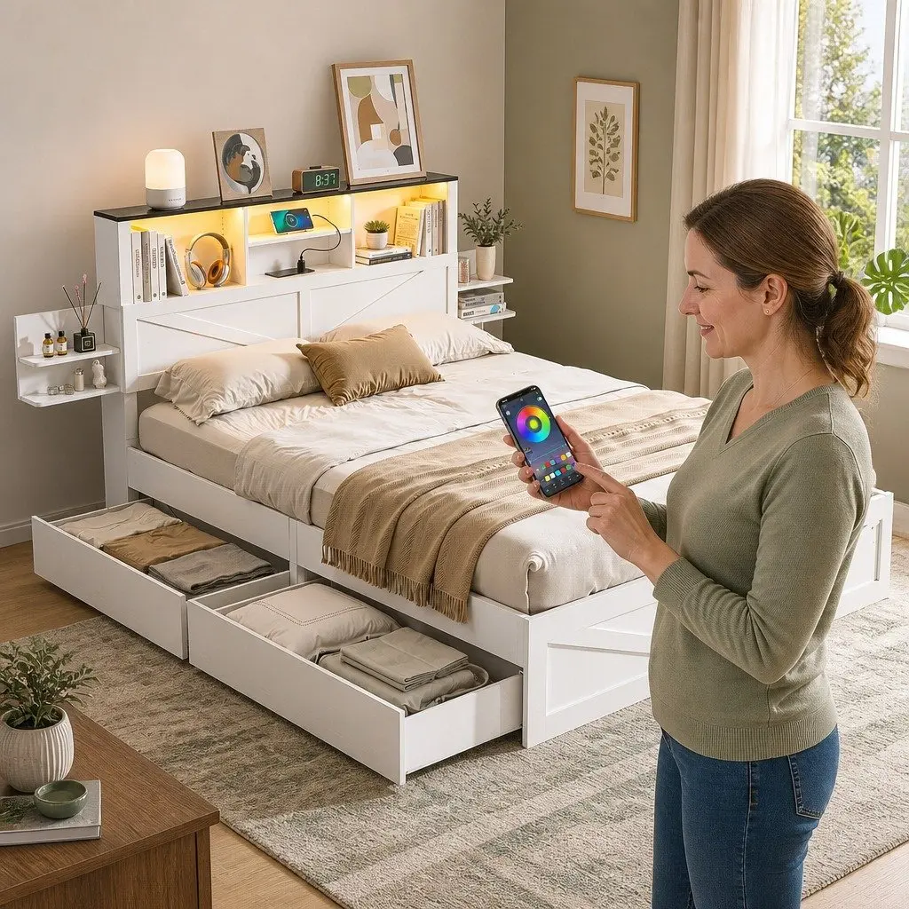 Double Bed Frame with LED Charging Station & Bookcase