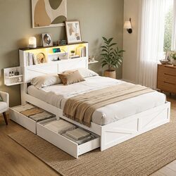 White Queen Bed Frame with Storage and Bookcase Headboard