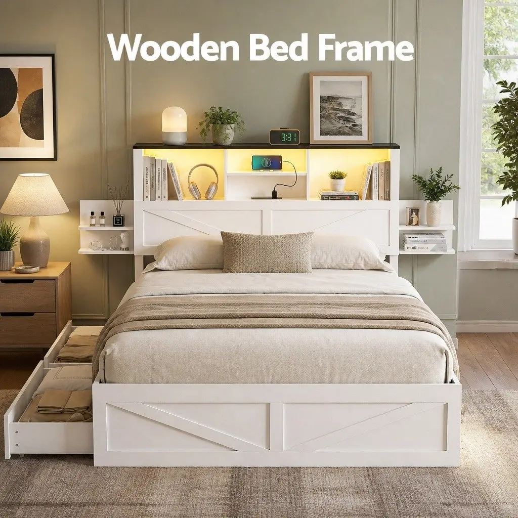 Queen Bed Frame with Storage Drawers White Platform Bedframe Bookcase Headboard