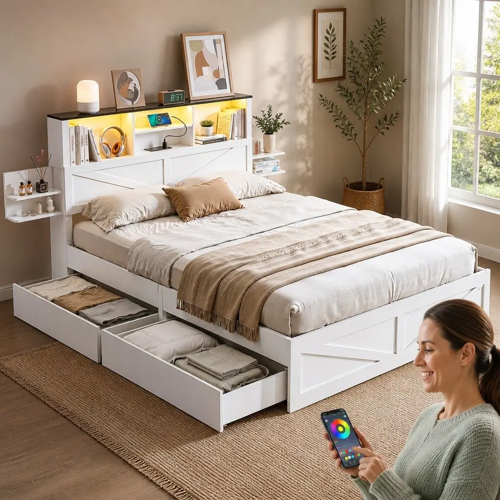 Queen Bed Frame with Storage Drawers White Platform Bedframe Bookcase Headboard