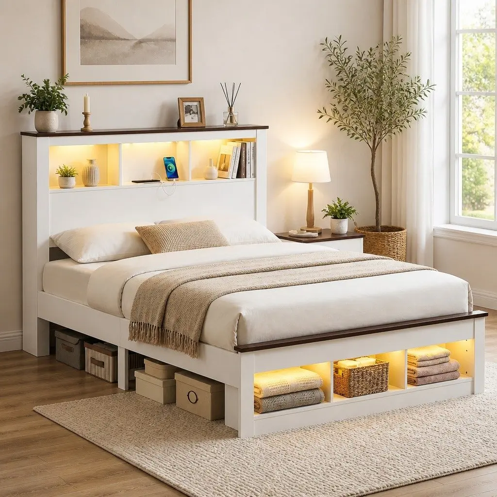 Double Bed Frame with Bookcase Headboard and Charging Station