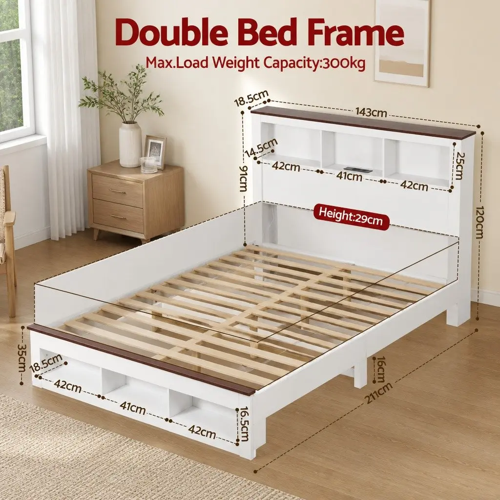 Double Bed Frame with Bookcase Headboard and Charging Station