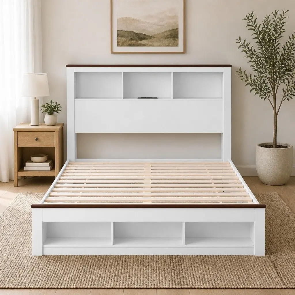 Double Bed Frame with Bookcase Headboard and Charging Station