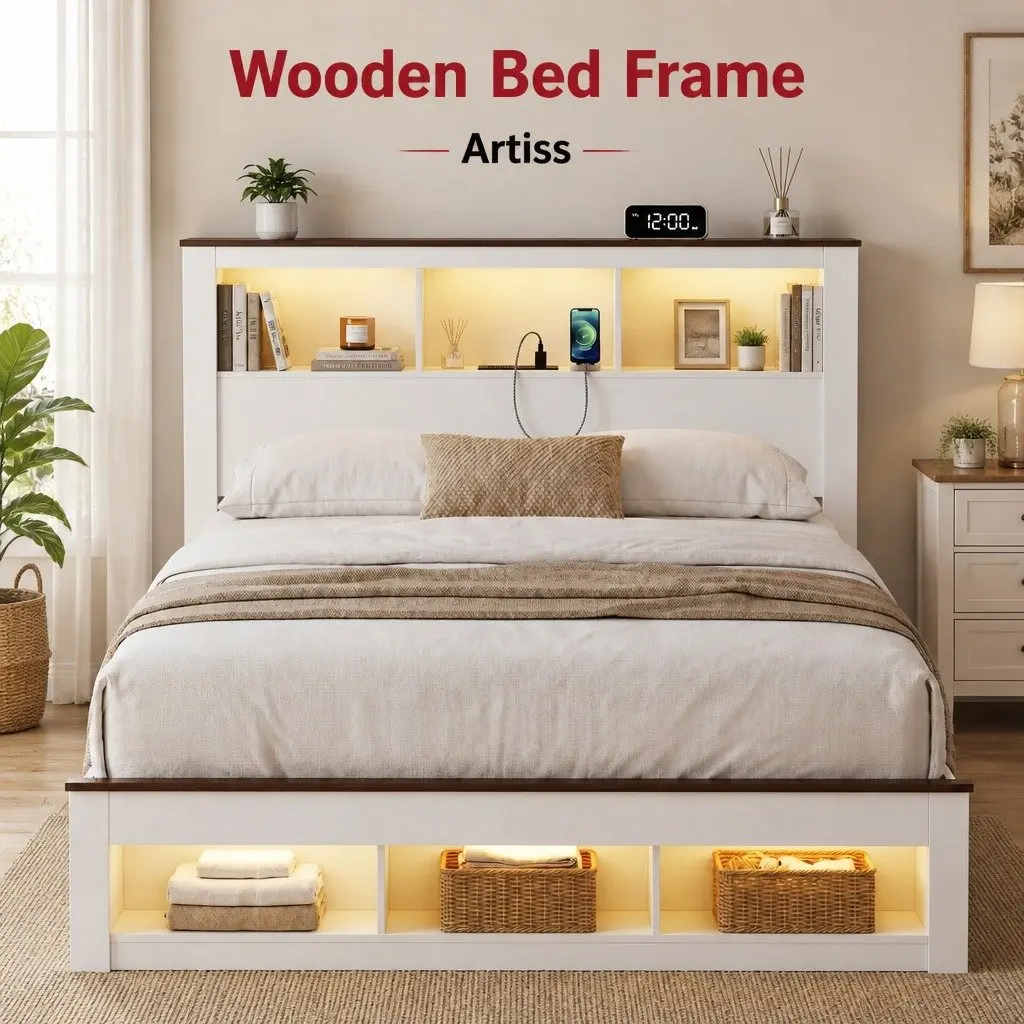 Double Bed Frame with Bookcase Headboard and Charging Station