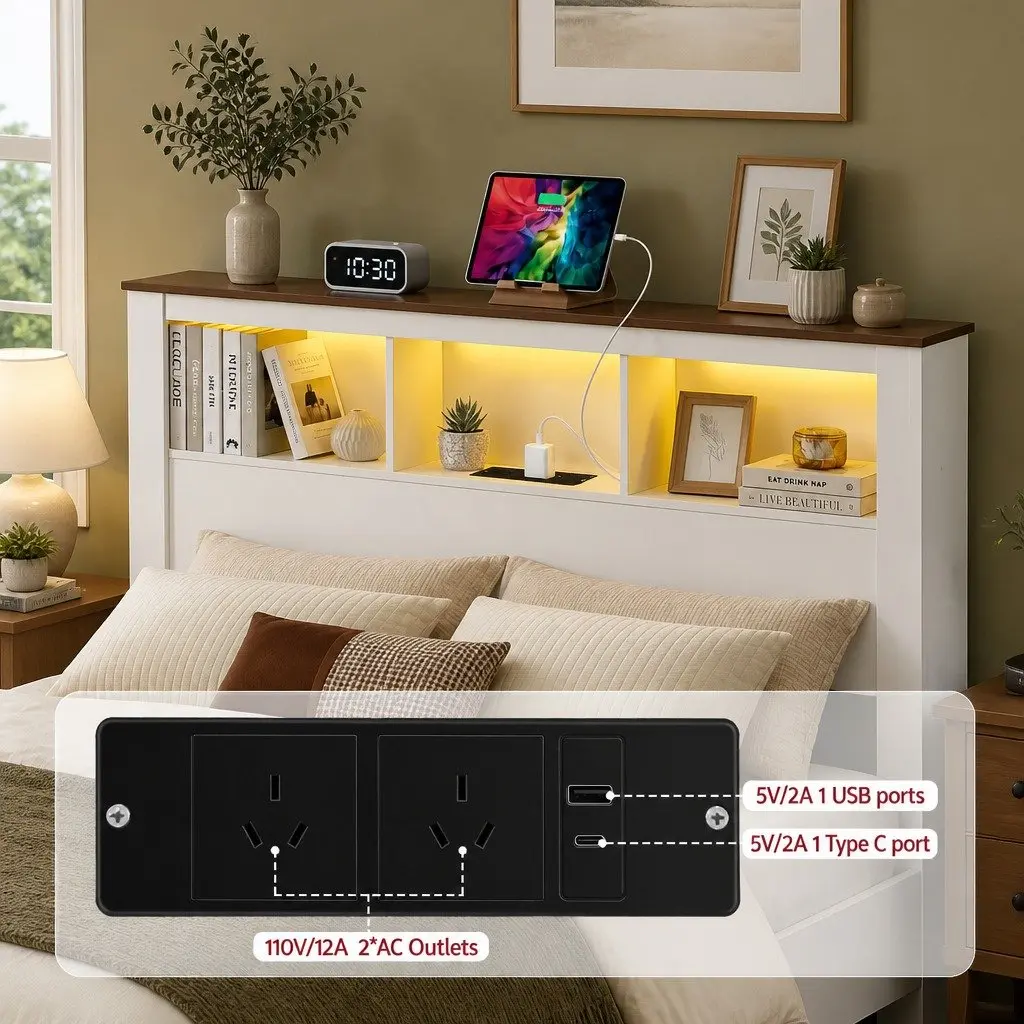 Double Bed Frame with Bookcase Headboard and Charging Station