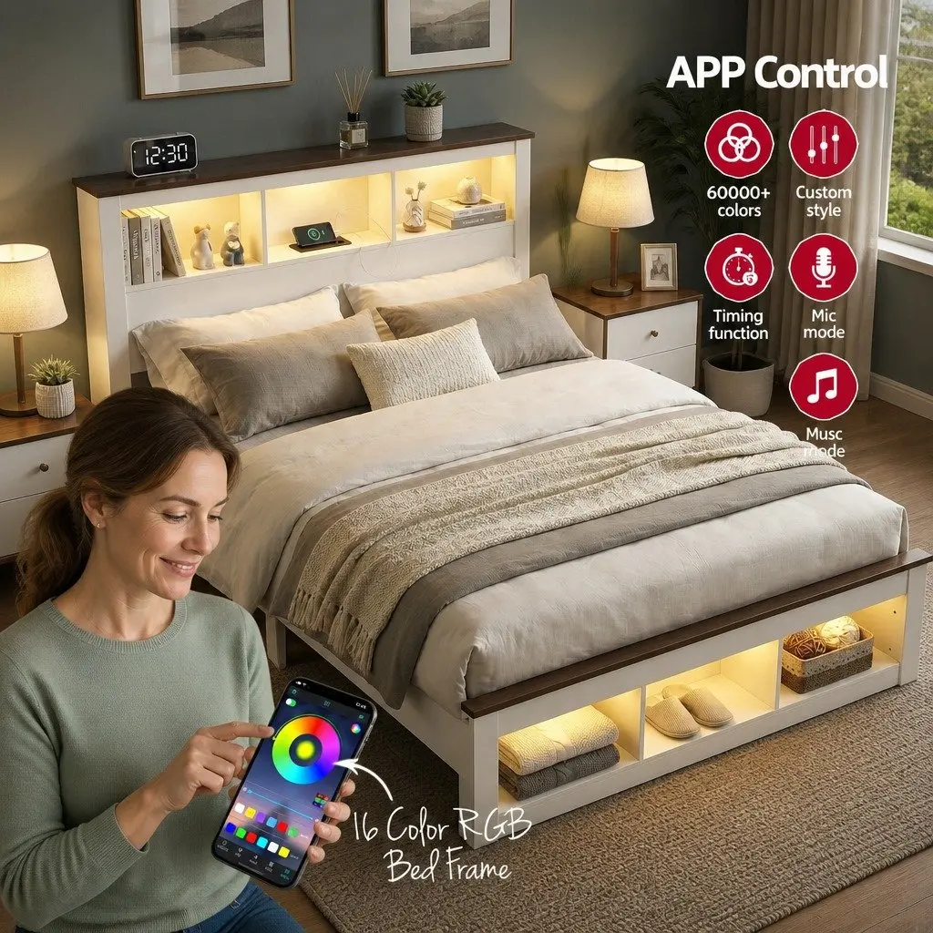 Double Bed Frame with Bookcase Headboard and Charging Station