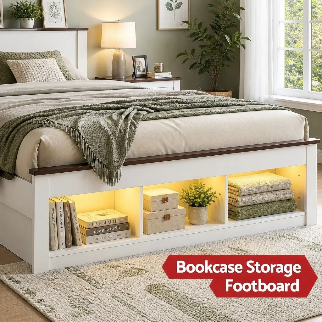 Double Bed Frame with Bookcase Headboard and Charging Station